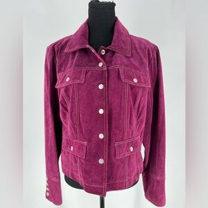 Live a Little brand women's magenta suede leather jacket.